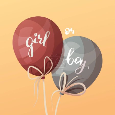 Ilustración de Diseño de tarjetas con globos azules y rosados con palabras "niño" y "niña" en él. Fiesta de género, espera de bebé, concepto de embarazo. Ilustración vectorial para póster, tarjeta, postal, portada. - Imagen libre de derechos