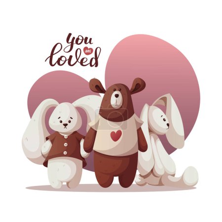Illustration for Teddy bear and plush bunnies. Children's toys, kid's shop, playing, childhood concept. Vector illustration for poster, banner, website. - Royalty Free Image
