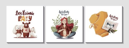 Illustration for Set of cards with pregnant women, baby bodysuit, baby toys and ultrasound baby picture. Motherhood, Pregnancy, Childbirth, baby waiting, babyhood concept. Square Vector Illustration for poster, card. - Royalty Free Image