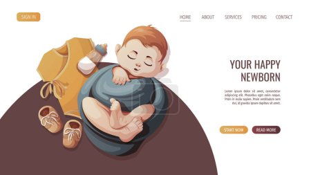 Illustration for Sleeping swaddled baby boy, bodysuit, shoes and baby bottle. Newborn, Childbirth, Baby care, babyhood, childhood, infancy concept. Vector illustration for poster, banner, website. - Royalty Free Image