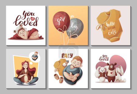 Illustration for Set of cards with pregnant women, newborn babies, baby toys. Motherhood, Pregnancy, Childbirth, baby waiting, babyhood concept. Square Vector Illustration for poster, card, postcard, cover. - Royalty Free Image