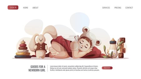 Illustration for Baby girl sleeping in hat with ears and children's toys. Newborn, Childbirth, Baby care, babyhood, childhood, infancy concept. Vector illustration for poster, banner, website. - Royalty Free Image