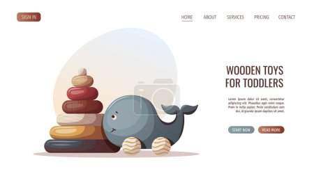 Illustration for Wooden whale push toy and baby's wooden pyramid. Children's toys, kid's shop, playing, childhood concept. Vector illustration for poster, banner, website. - Royalty Free Image