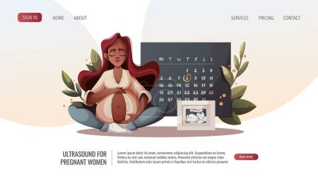 Illustration for Pregnant woman hugging her belly. Monthly calendar. Motherhood, baby waiting, Pregnancy concept. Vector Illustration for poster, banner, website. - Royalty Free Image