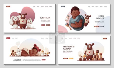Illustration for Set of web pages with Sleeping newborn kids, toys, baby clothes and baby bottles. Newborn, Childbirth, Baby care, babyhood, childhood, infancy concept. Vector illustration for poster, banner, website. - Royalty Free Image
