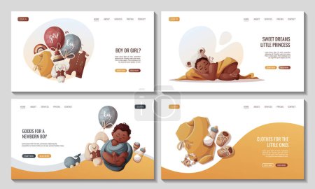 Illustration for Set of web pages with Sleeping newborn kids, toys, baby clothes and baby bottls. Newborn, Childbirth, Baby care, babyhood, childhood, infancy concept. Vector illustration for poster, banner, website. - Royalty Free Image