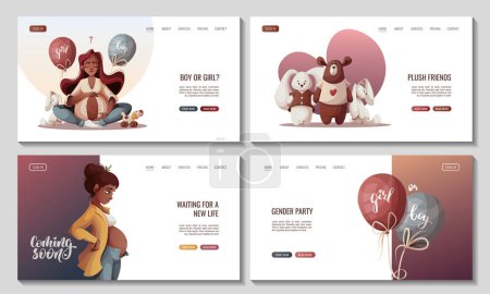 Illustration for Set of web pages with pregnant women, baby plush toys, balloons. Motherhood, Pregnancy, baby waiting, baby store, gender reveal party concept. Vector Illustration for poster, banner, website. - Royalty Free Image