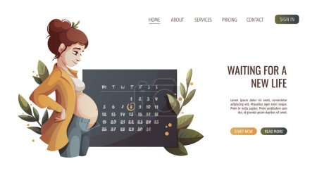 Illustration for Pregnant woman standing in profile and Monthly Calendar. Motherhood, Pregnancy Planning, Childbirth, baby waiting concept. Vector Illustration for poster, banner, website. - Royalty Free Image