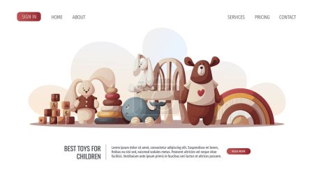 Illustration for Wooden push toys, pyramid, blocks, teddy bear, plush bunnies. Children's toys, kid's shop, playing, childhood concept. Vector illustration for poster, banner, website. - Royalty Free Image