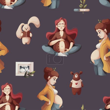 Illustration for Seamless pattern with pregnant women, plush bunnies and teddy bears. Motherhood, Parenthood, Pregnancy concept. Vector Illustration. - Royalty Free Image