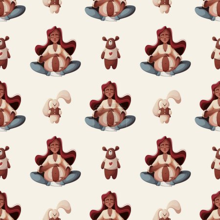 Illustration for Seamless pattern with pregnant women, plush bunnies and teddy bears. Motherhood, Parenthood, Pregnancy concept. Vector Illustration. - Royalty Free Image
