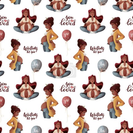 Illustration for Seamless pattern with pregnant women, balloons, handwritten text. Motherhood, Parenthood, Pregnancy concept. Vector Illustration. - Royalty Free Image