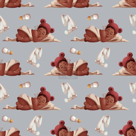 Illustration for Seamless pattern with baby girls sleeping in hat with ears. Newborns, Childbirth, Baby care, babyhood, childhood, infancy concept. Vector illustration. - Royalty Free Image