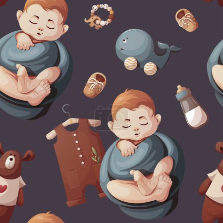 Illustration for Seamless pattern with sleeping swaddled baby boys, bodysuits and teddy bears. Newborns, Childbirth, Baby care, babyhood, childhood, infancy concept. Vector illustration. - Royalty Free Image