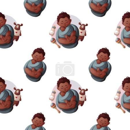 Illustration for Seamless pattern with sleeping swaddled baby boys, teddy bears and baby bottles. Newborns, Childbirth, Baby care, babyhood, childhood, infancy concept. Vector illustration. - Royalty Free Image