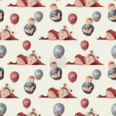 Illustration for Seamless pattern with sleeping babies and balloons. Newborns, Childbirth, Baby care, babyhood, childhood, infancy concept. Vector illustration. - Royalty Free Image