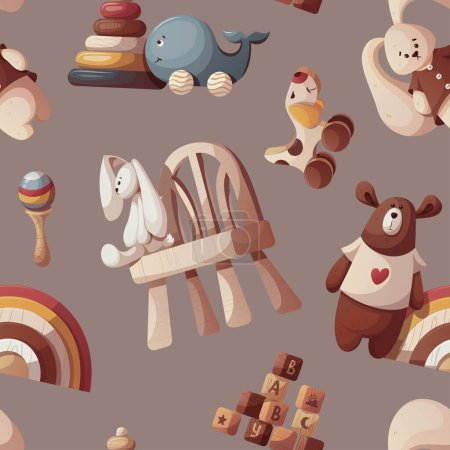 Illustration for Seamless pattern with wooden push toys, pyramids, teddy bears, plush bunnies, rainbows. Children's toys, clothes, childhood concept. Vector illustration. - Royalty Free Image