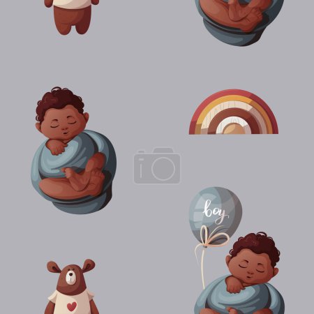 Illustration for Seamless pattern with sleeping swaddled baby boys, balloons and rainbows. Newborns, Childbirth, Baby care, babyhood, childhood, infancy concept. Vector illustration. - Royalty Free Image