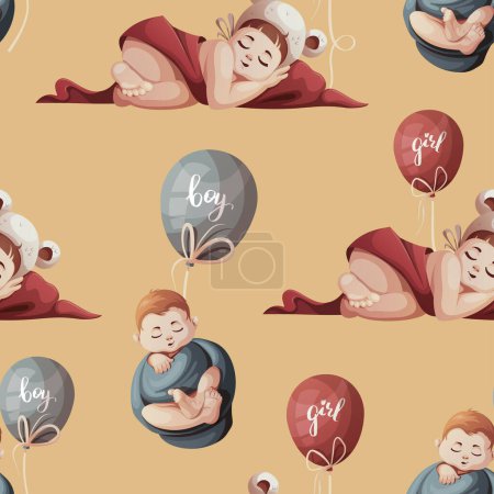 Illustration for Seamless pattern with sleeping swaddled babies and balloon. Newborns, Childbirth, Baby care, babyhood, childhood, infancy concept. Vector illustration. - Royalty Free Image