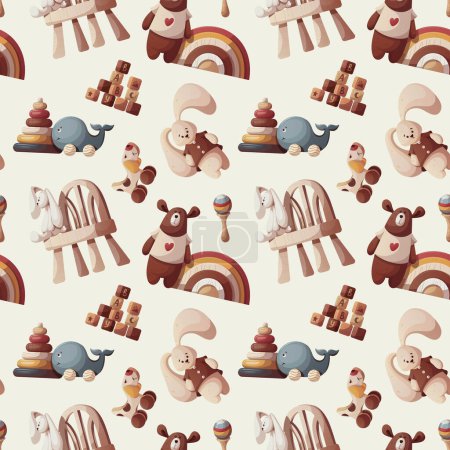 Illustration for Seamless pattern Wooden push toys, baby's pyramids, rainbows, blocks, teddy bears and plush bunnies. Children's toys, kid's shop, playing, childhood concept. Vector illustration. - Royalty Free Image