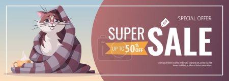 Illustration for Seamless vector banner with cute cartoon cat - Royalty Free Image