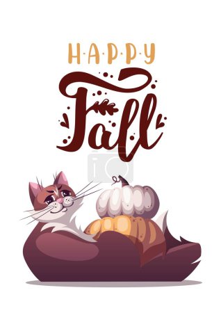 Ilustración de Tarjeta vectorial sin costuras con lindo gato de dibujos animados. feliz caída - Imagen libre de derechos