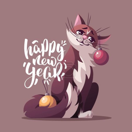 Ilustración de Tarjeta vectorial sin costuras con lindo gato de dibujos animados. feliz año nuevo - Imagen libre de derechos