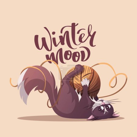 Téléchargez les illustrations : Carte vectorielle transparente avec chat dessin animé mignon. humeur d'hiver - en licence libre de droit