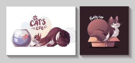 Ilustración de Juego de tarjetas vectoriales sin costuras con lindos gatos de dibujos animados - Imagen libre de derechos