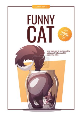Téléchargez les illustrations : Flyer vectoriel sans couture avec chat dessin animé mignon - en licence libre de droit