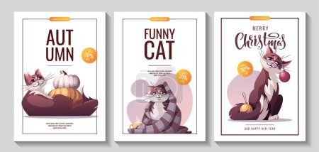 Téléchargez les illustrations : Modèles de flyer vectoriel sans couture avec des chats de dessin animé mignons - en licence libre de droit