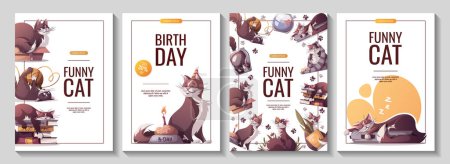 Téléchargez les illustrations : Modèles de flyer vectoriel sans couture avec des chats de dessin animé mignons - en licence libre de droit