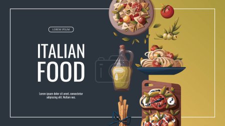 Ilustración de Variedad de los platos de cocina italiana más populares banner - Imagen libre de derechos