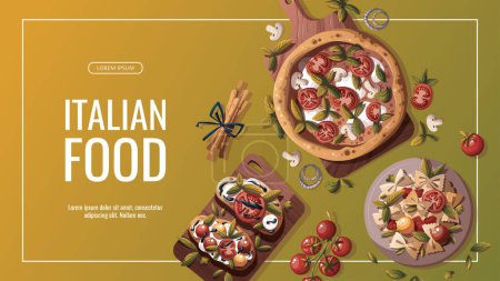 Ilustración de Variedad de los platos de cocina italiana más populares banner - Imagen libre de derechos