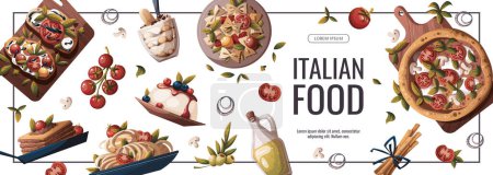 Illustration for Variety of the most popular italian cuisine dishes banner - Royalty Free Image