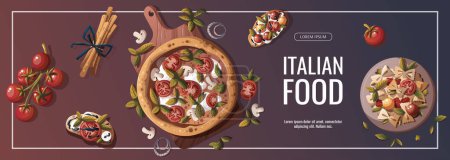 Téléchargez les illustrations : Variété des plats italiens les plus populaires bannière - en licence libre de droit