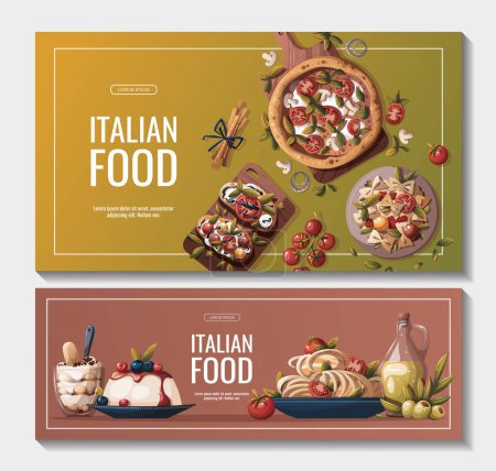Illustration for Variety of the most popular italian cuisine dishes banner - Royalty Free Image