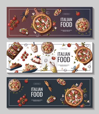 Téléchargez les illustrations : Variété des plats italiens les plus populaires bannière - en licence libre de droit