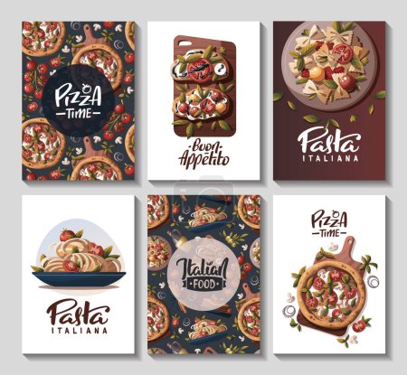 Téléchargez les illustrations : Carte de cuisine italienne avec des plats célèbres - en licence libre de droit