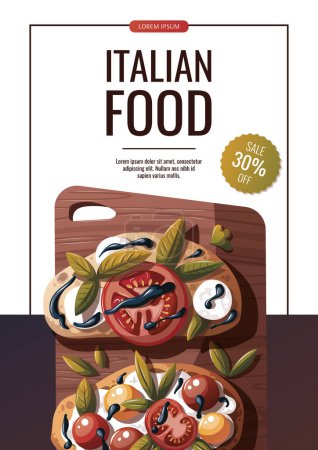 Téléchargez les illustrations : Affiche de cuisine italienne, illustration vectorielle bruschetti - en licence libre de droit