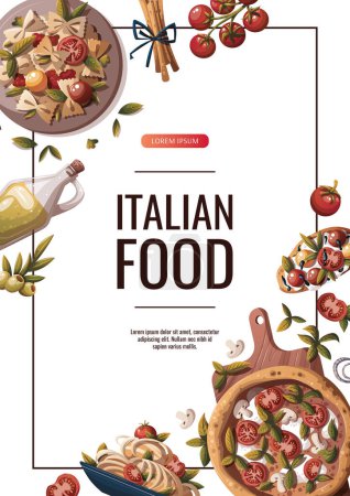 Téléchargez les illustrations : Flyer de cuisine italienne avec variété de plats - en licence libre de droit