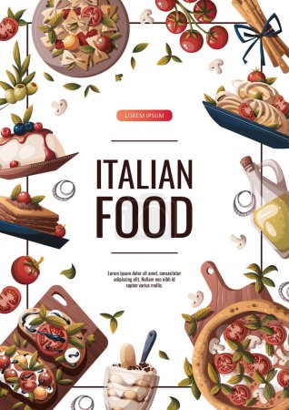 Téléchargez les illustrations : Flyer de cuisine italienne avec variété de plats - en licence libre de droit