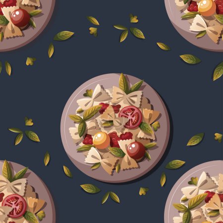Téléchargez les illustrations : Modèle de cuisine italienne avec des pâtes aux tomates et au basilic - en licence libre de droit