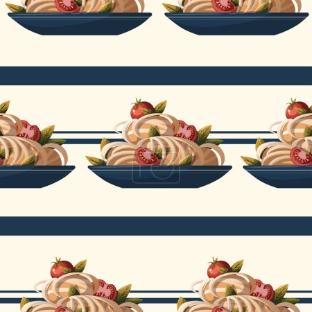 Illustration for Italian cuisine pattern with pasta with tomatoes and basil - Royalty Free Image