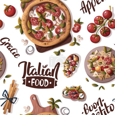 Téléchargez les illustrations : Modèle de cuisine italienne avec pizza, lasagnes, pâtes - en licence libre de droit