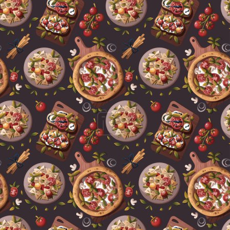 Téléchargez les illustrations : Modèle de cuisine italienne avec pizza, lasagnes, pâtes - en licence libre de droit