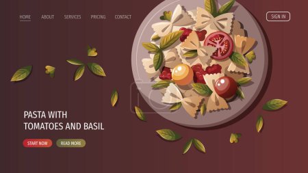 Téléchargez les illustrations : Page web cuisine italienne, pâtes aux tomates et basilic - en licence libre de droit