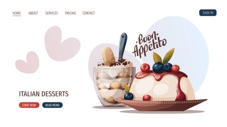 Téléchargez les illustrations : Page web cuisine italienne, panna cotta et tiramisu - en licence libre de droit