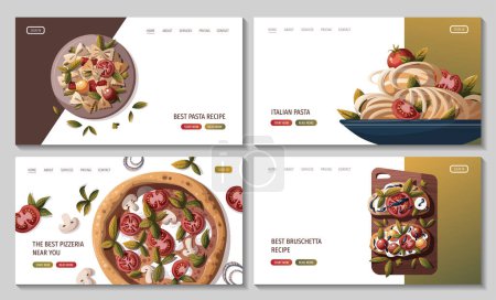 Téléchargez les illustrations : Cuisine italienne modèles web set, pizza, pâtes et bruschetti - en licence libre de droit