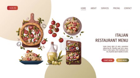 Ilustración de Cocina italiana página web vector ilustración, menú de restaurante italiano - Imagen libre de derechos
